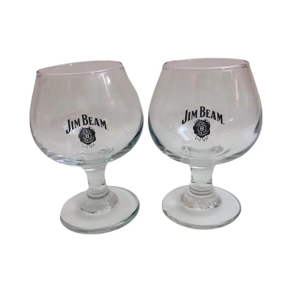VTG Jim Beam Bourbon Snifter Glasses Set of‎ 2 Clear Glass Black Logo Barware 4